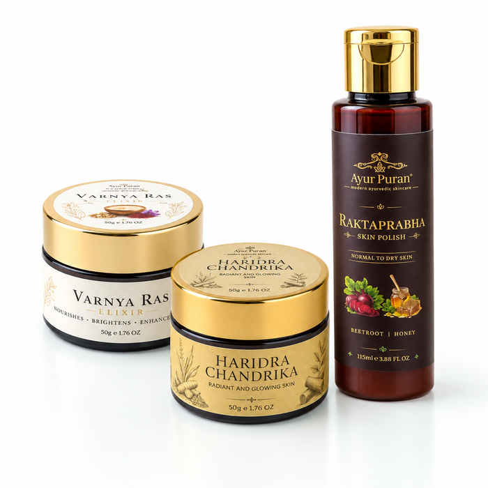 AyurPuran Facial Glow Kit: Varnya Ras Elixir, Haridra Chandrika Radiance Creme and Raktaprabha Skin Polish packs on white