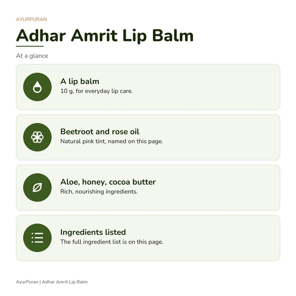 AyurPuran Adhar Amrit Lip Balm at a glance: key points as printed on the pack
