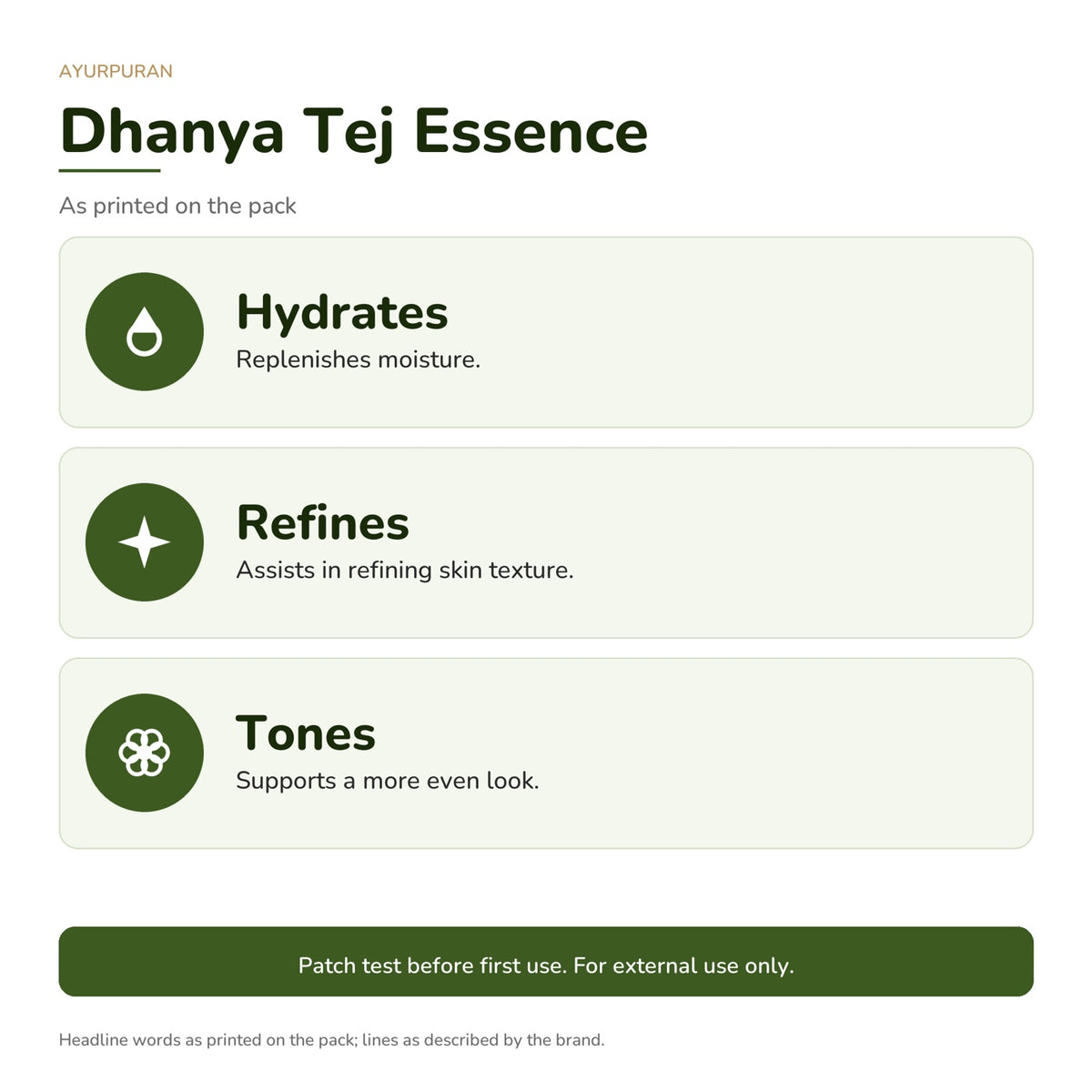 AyurPuran Dhanya Tej Essence skin feel: words as printed on the pack