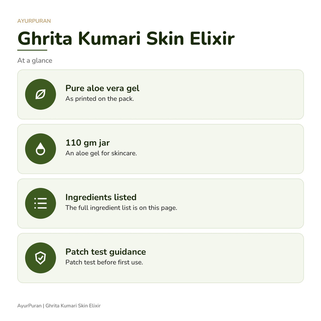 AyurPuran Ghrita Kumari Skin Elixir at a glance: key points as printed on the pack
