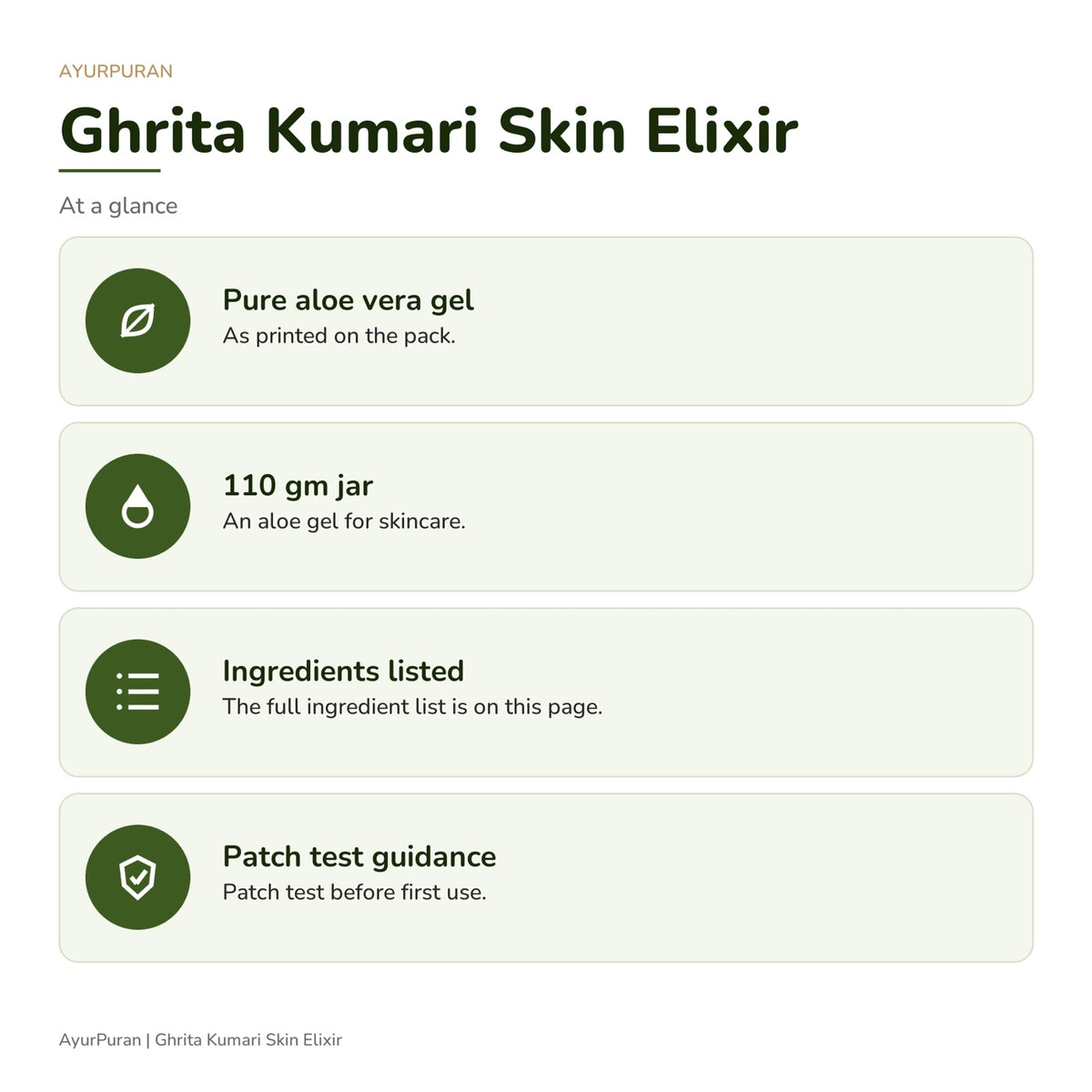 AyurPuran Ghrita Kumari Skin Elixir at a glance: key points as printed on the pack