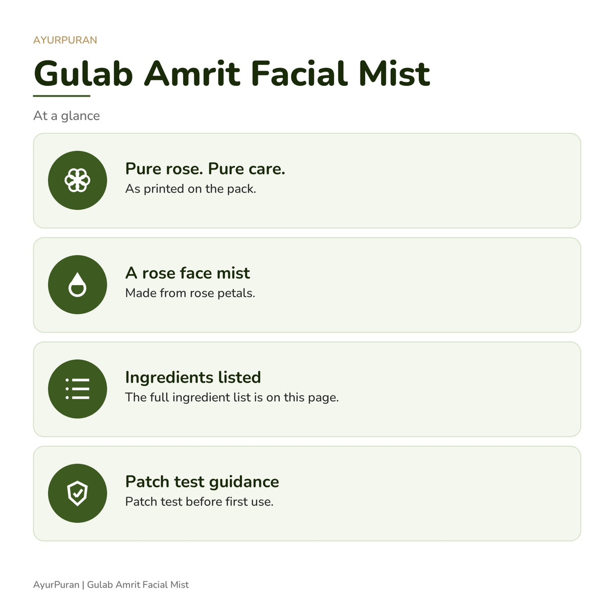AyurPuran Gulab Amrit Facial Mist at a glance: key points as printed on the pack