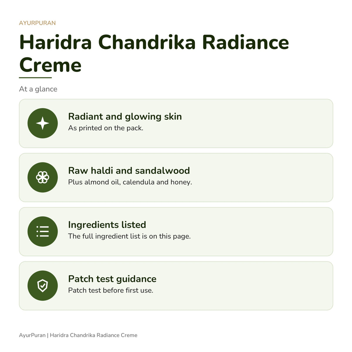 AyurPuran Haridra Chandrika Radiance Creme at a glance: key points as printed on the pack