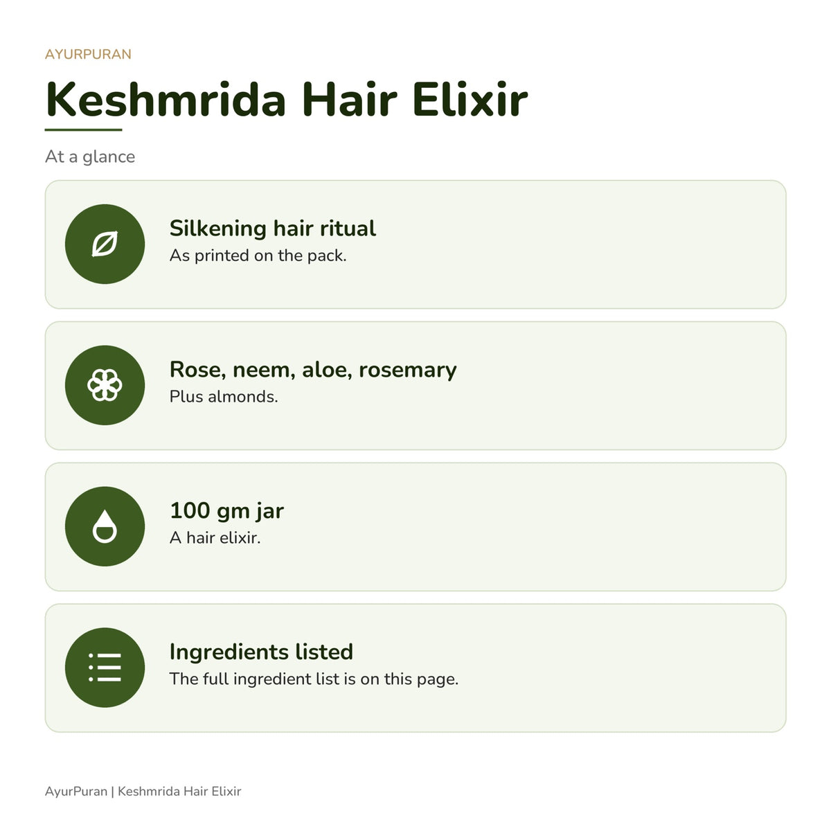 AyurPuran Keshmrida Hair Elixir at a glance: key points as printed on the pack