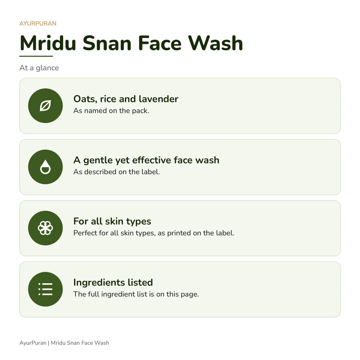 AyurPuran Mridu Snan Face Wash at a glance: oats, rice and lavender, for all skin types, ingredients listed