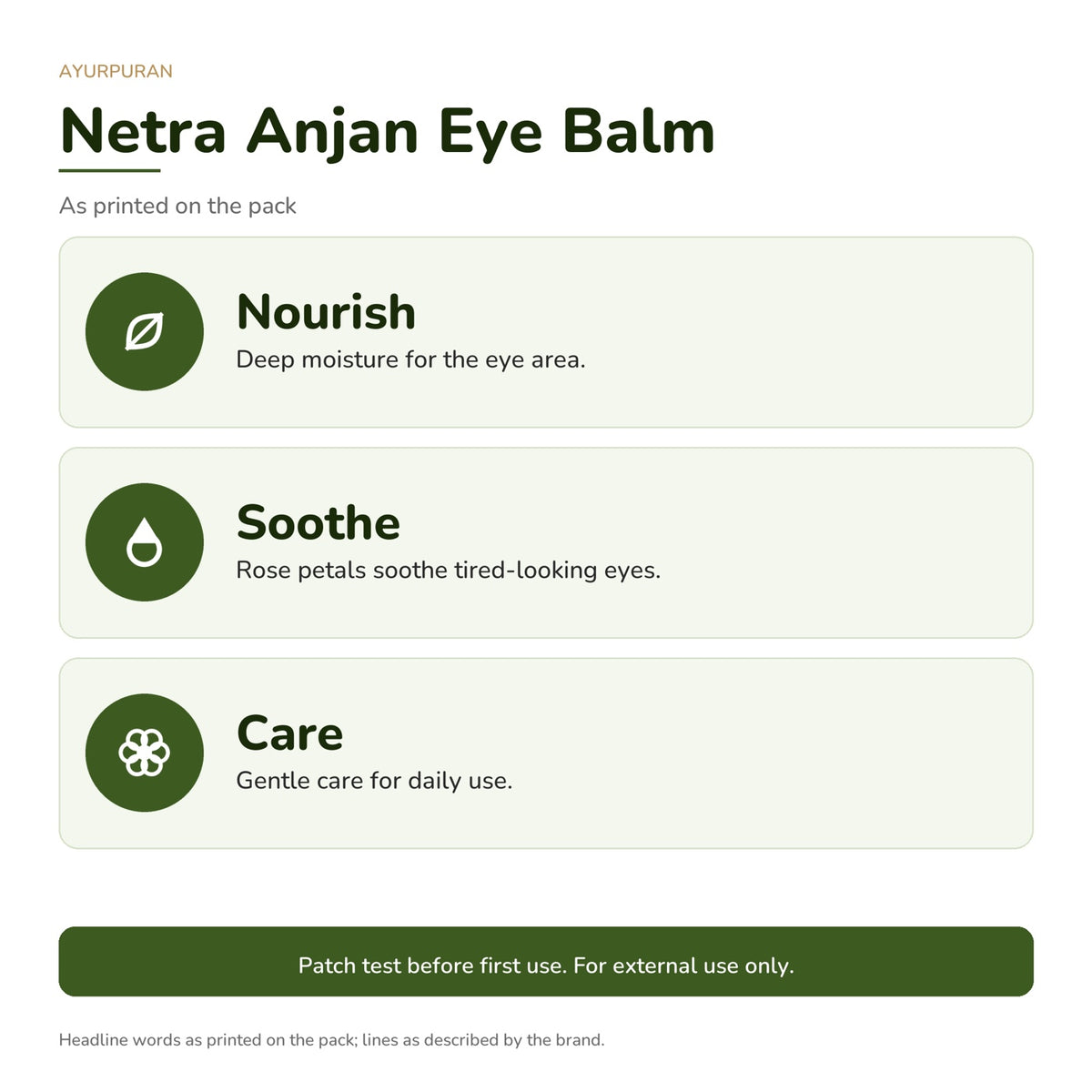 AyurPuran Netra Anjan Eye Balm skin feel: words as printed on the pack