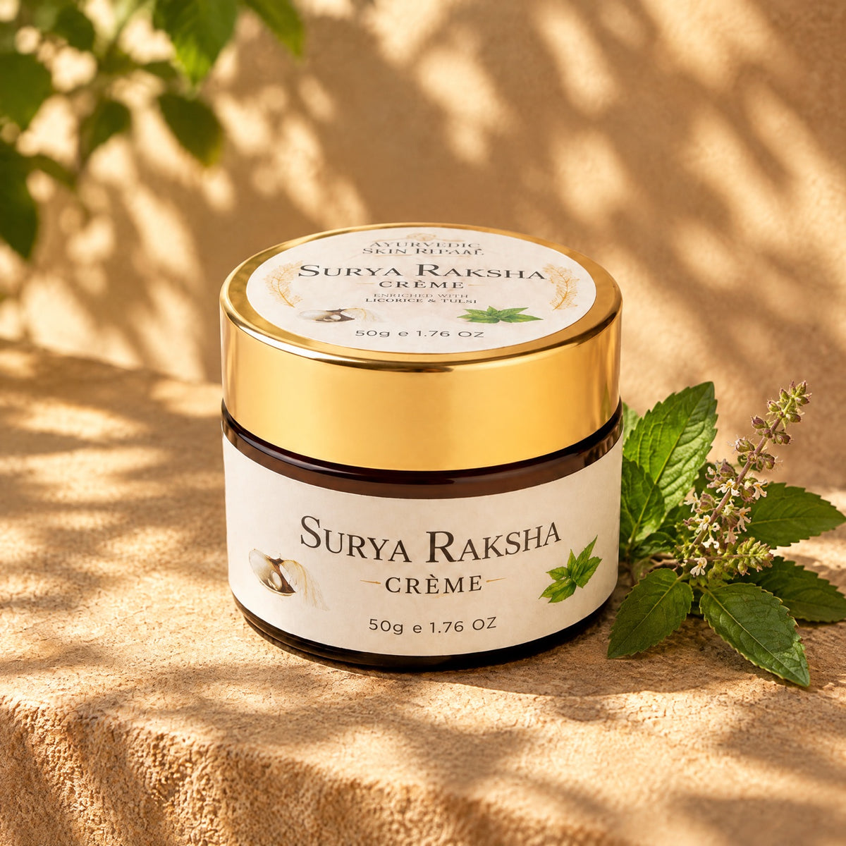 AyurPuran Surya Raksha Creme jar in dappled sunlight with tulsi leaves