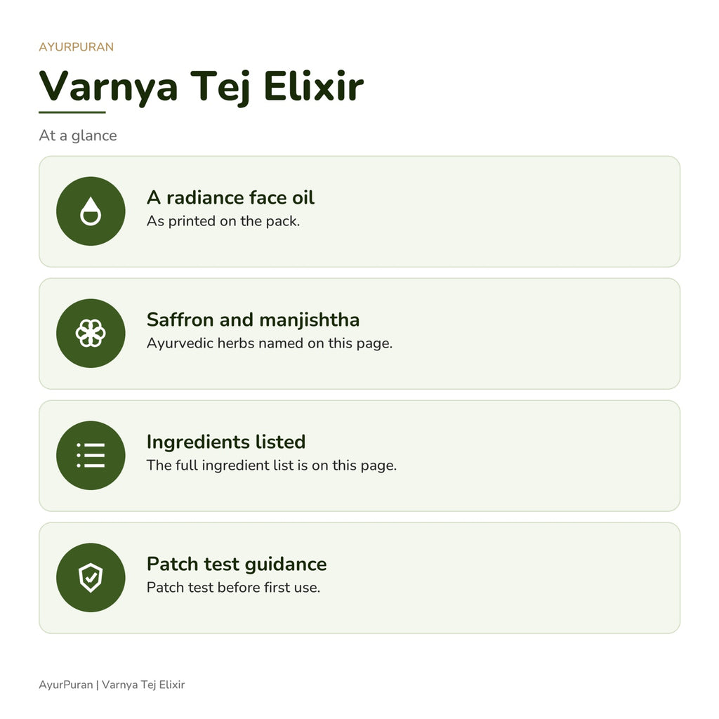 AyurPuran Varnya Tej Elixir at a glance: key points as printed on the pack