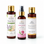 AyurPuran Daily Cleansing Kit: Mridu Snan Gentle Cleanser, Gulab Amrit Facial Mist and Dhanya Tej Essence packs on white