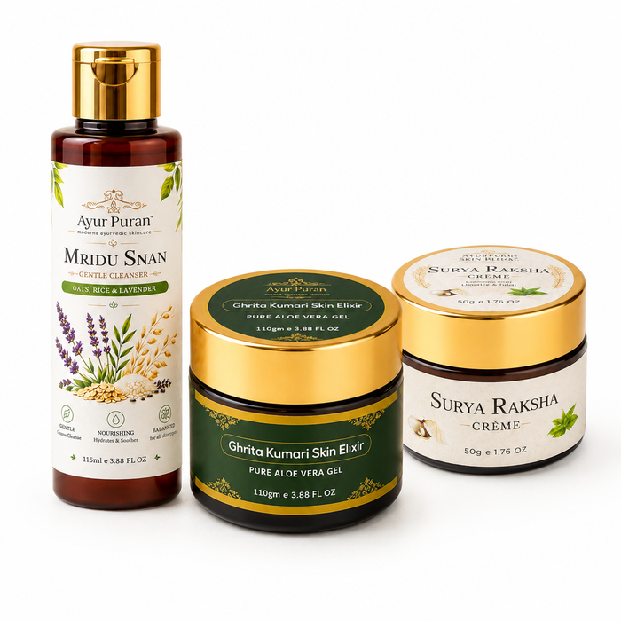 AyurPuran For Her Combination Skin Combo: Mridu Snan Gentle Cleanser, Ghrita Kumari Skin Elixir and Surya Raksha Creme packs on white
