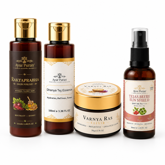 AyurPuran For Her Dry Skin Combo: Raktaprabha Skin Polish, Dhanya Tej Essence, Varnya Ras Elixir and Tejas Berry Sunshield packs on white
