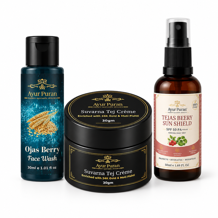 AyurPuran For Him Dry Skin Combo: Ojas Berry Face Wash, Suvarna Tej Creme and Tejas Berry Sunshield on white