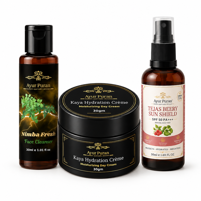 AyurPuran For Him Oily Skin Combo: Nimba Fresh Face Cleanser, Kaya Hydration Creme and Tejas Berry Sunshield on white