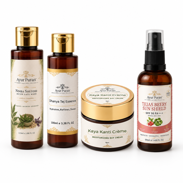 AyurPuran For Her Oily Skin Combo: Nimba Shuddhi Detox Face Wash, Dhanya Tej Essence, Kaya Kanti Creme and Tejas Berry Sunshield on white